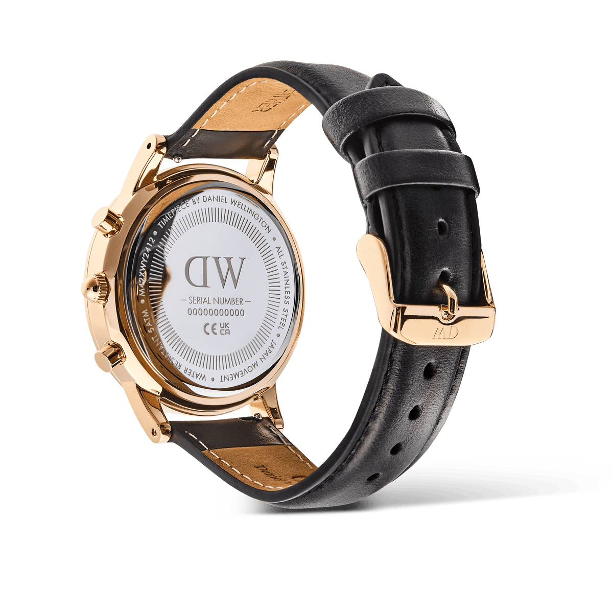Rear view of the Daniel Wellington Iconic Chronograph watch, showing the engraved rose gold case back and the black leather strap with a rose gold pin buckle.