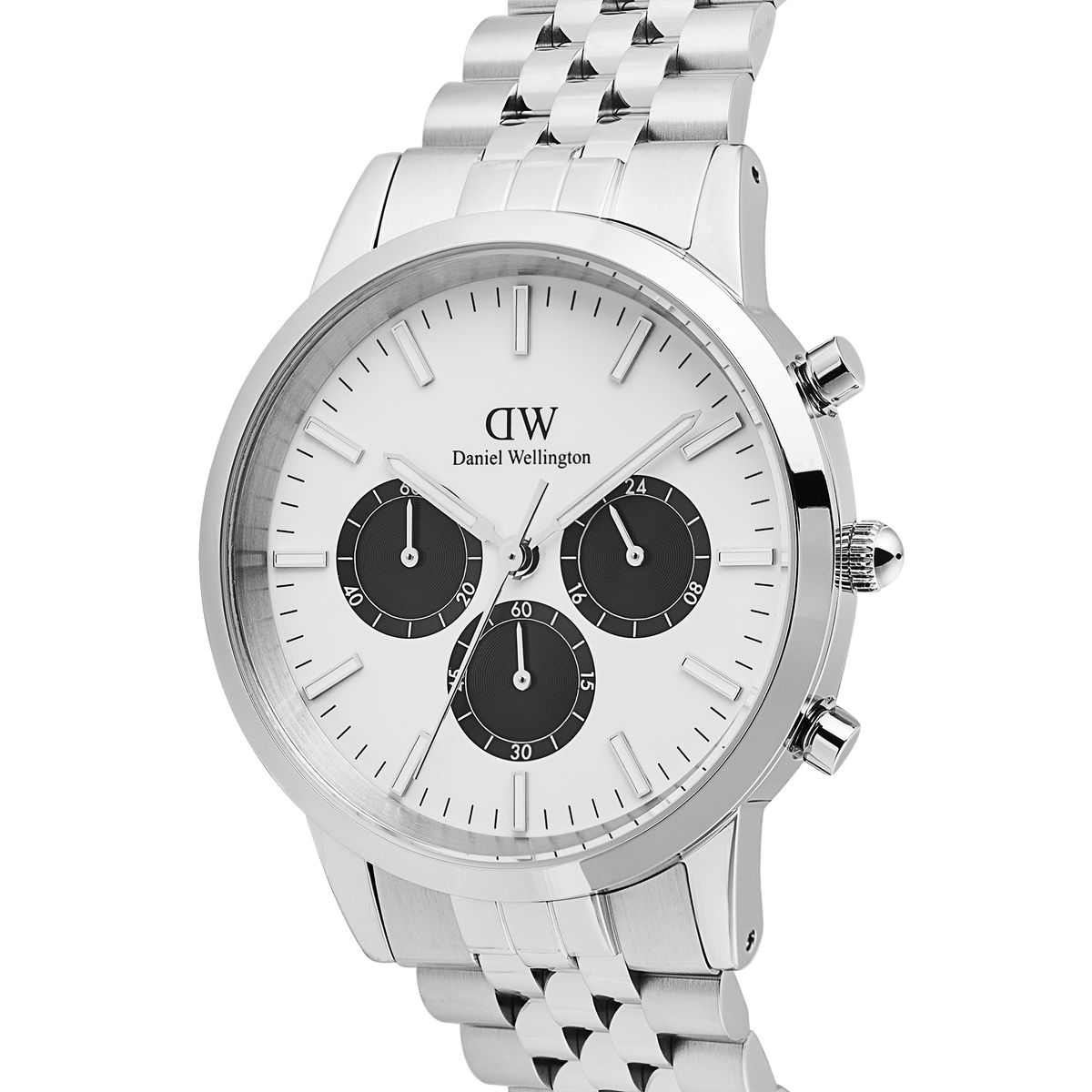 Close-up of the Daniel Wellington Iconic Chronograph Arch watch, featuring a silver 5-link bracelet and its distinctive off-white panda dial.