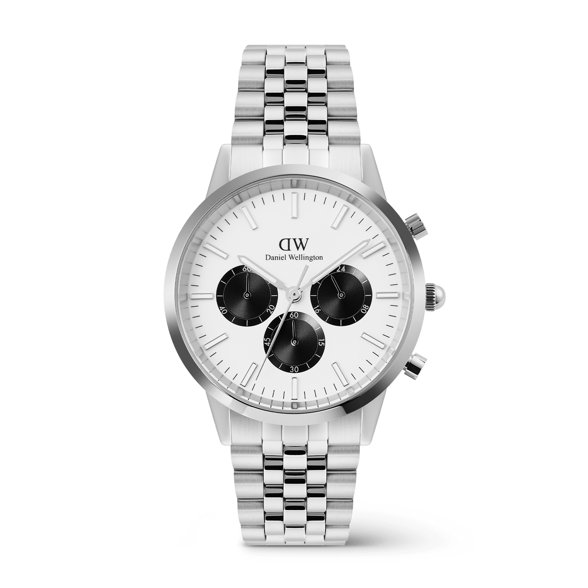 Daniel Wellington Iconic Chronograph Arch watch with a silver 5-link bracelet and classic off-white panda dial.