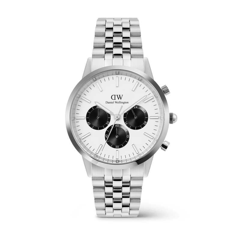 Daniel Wellington Iconic Chronograph Arch watch with a silver 5-link bracelet and classic off-white panda dial.