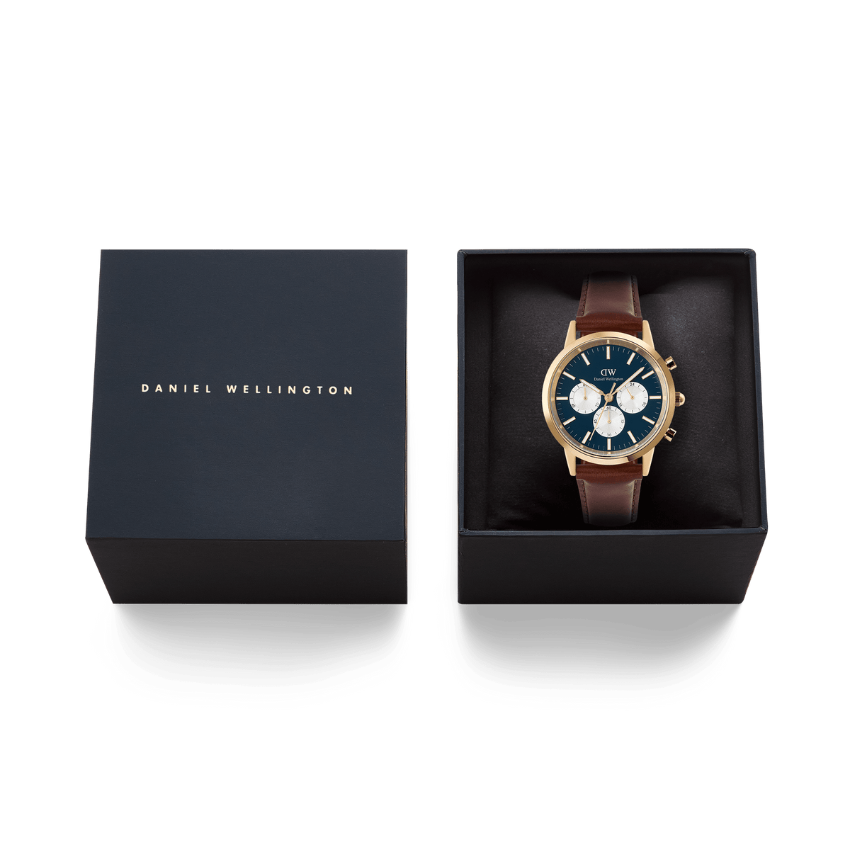Daniel Wellington Iconic Chronograph St Mawes watch with a gold case, arctic blue panda dial, and brown leather strap, presented in its black gift box.