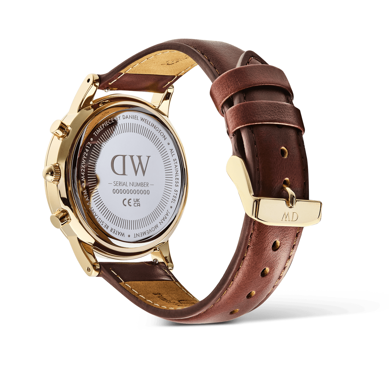 Detail of the Daniel Wellington Iconic Chronograph St Mawes Gold watch, showing the engraved caseback and brown leather strap.