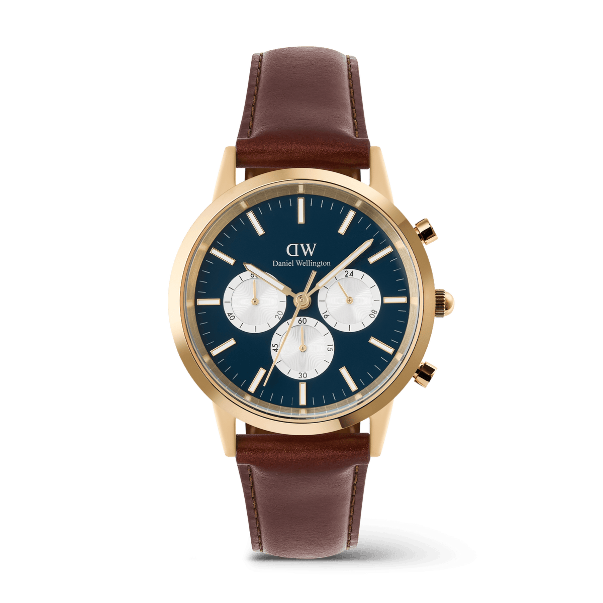 Daniel Wellington Iconic Chronograph St Mawes watch with an arctic blue panda dial, gold case, and brown leather strap.