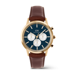 Daniel Wellington Iconic Chronograph St Mawes watch with an arctic blue panda dial, gold case, and brown leather strap.