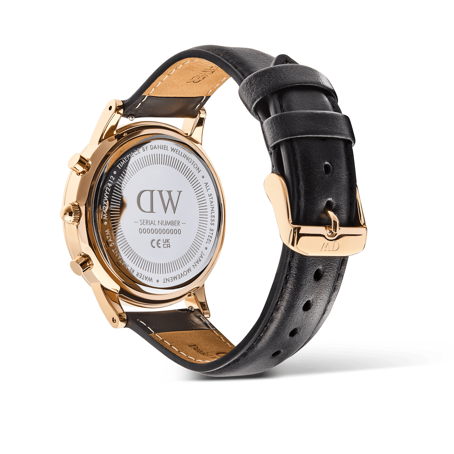 Rear view of the Daniel Wellington Iconic Chronograph watch, showing the engraved rose gold case back and the black leather strap with a rose gold pin buckle.