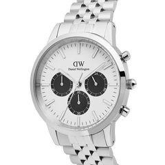 Close-up of the Daniel Wellington Iconic Chronograph Arch watch, featuring a silver 5-link bracelet and its distinctive off-white panda dial.