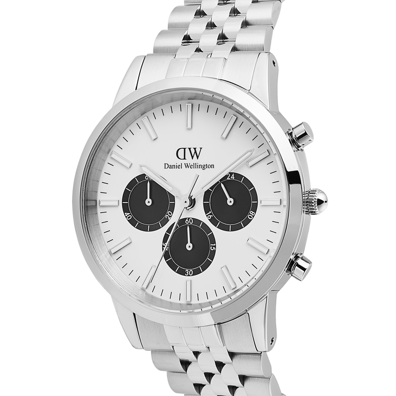 Close-up of the Daniel Wellington Iconic Chronograph Arch watch, featuring a silver 5-link bracelet and its distinctive off-white panda dial.