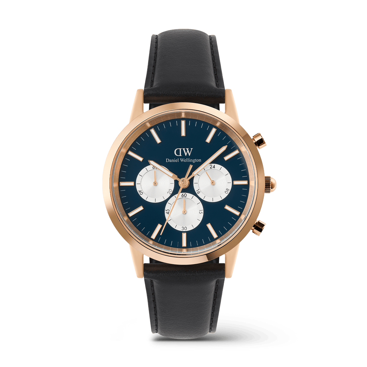 Daniel Wellington Iconic Chronograph watch in rose gold with an arctic blue dial, three white sub-dials, and a black leather strap.