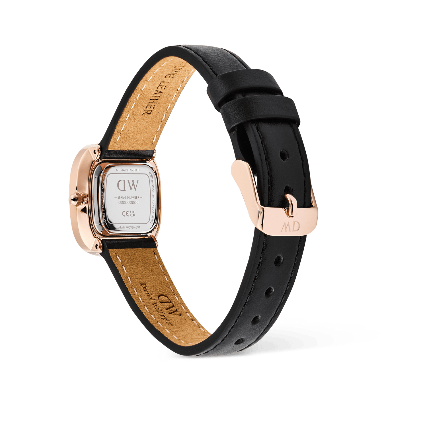 Close-up of the back of the Daniel Wellington Margot Sheffield watch, showing the engraved rose gold caseback and the black genuine leather strap with its matching pin buckle.