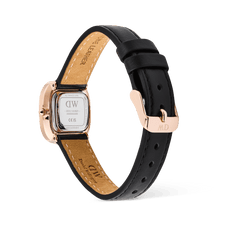Close-up of the back of the Daniel Wellington Margot Sheffield watch, showing the engraved rose gold caseback and the black genuine leather strap with its matching pin buckle.