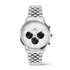 Daniel Wellington Iconic Chronograph Arch watch with a silver 5-link bracelet and classic off-white panda dial.