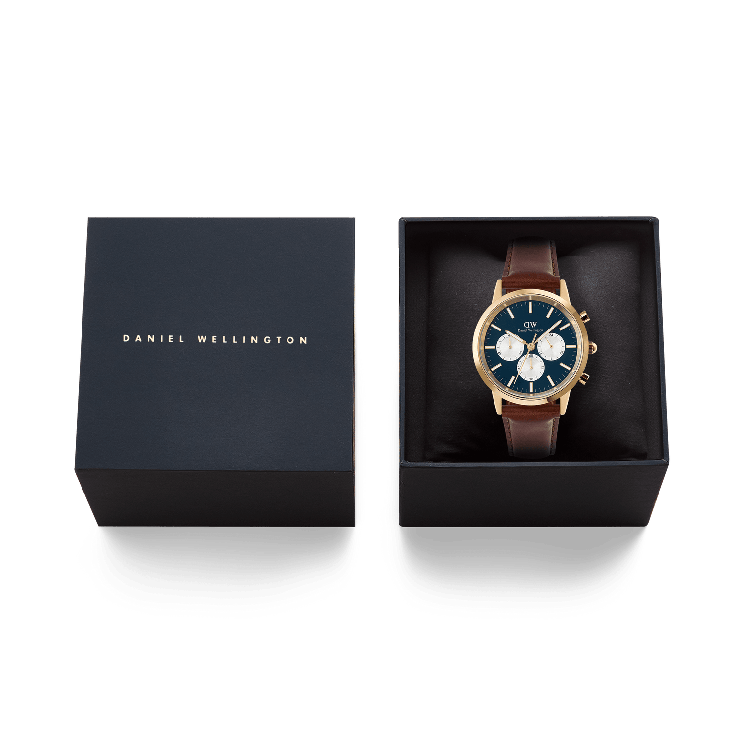 Daniel Wellington Iconic Chronograph St Mawes watch with a gold case, arctic blue panda dial, and brown leather strap, presented in its black gift box.
