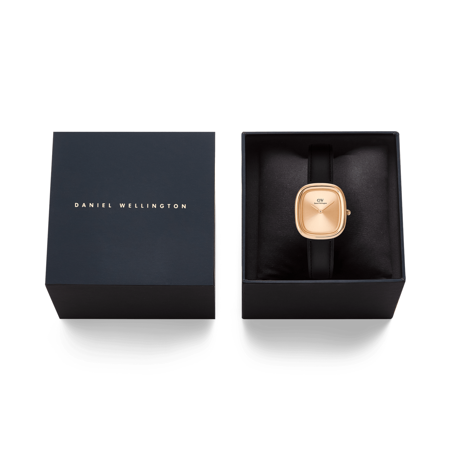 Daniel Wellington Margot Sheffield Unitone watch in rose gold with a black leather strap, displayed in its signature black presentation box.