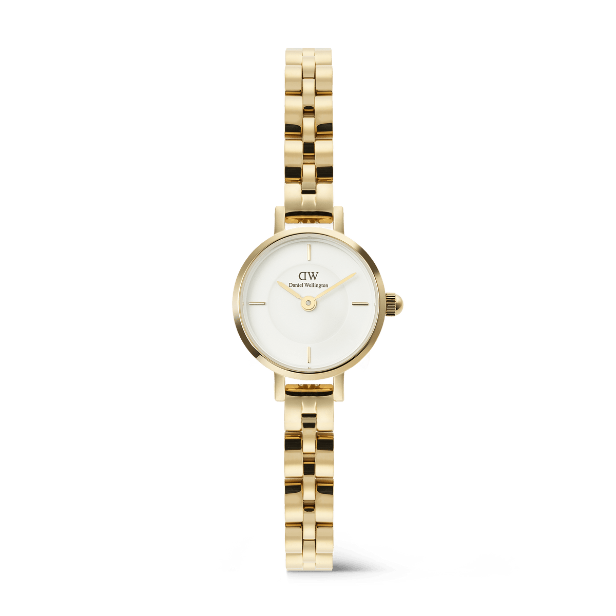 Daniel Wellington Petite Mini Arch women's watch with a white dial, gold Arch 3-link bracelet, and minimalist rectangular indices.