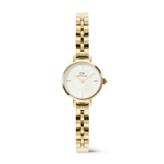 Daniel Wellington Petite Mini Arch women's watch with a white dial, gold Arch 3-link bracelet, and minimalist rectangular indices.