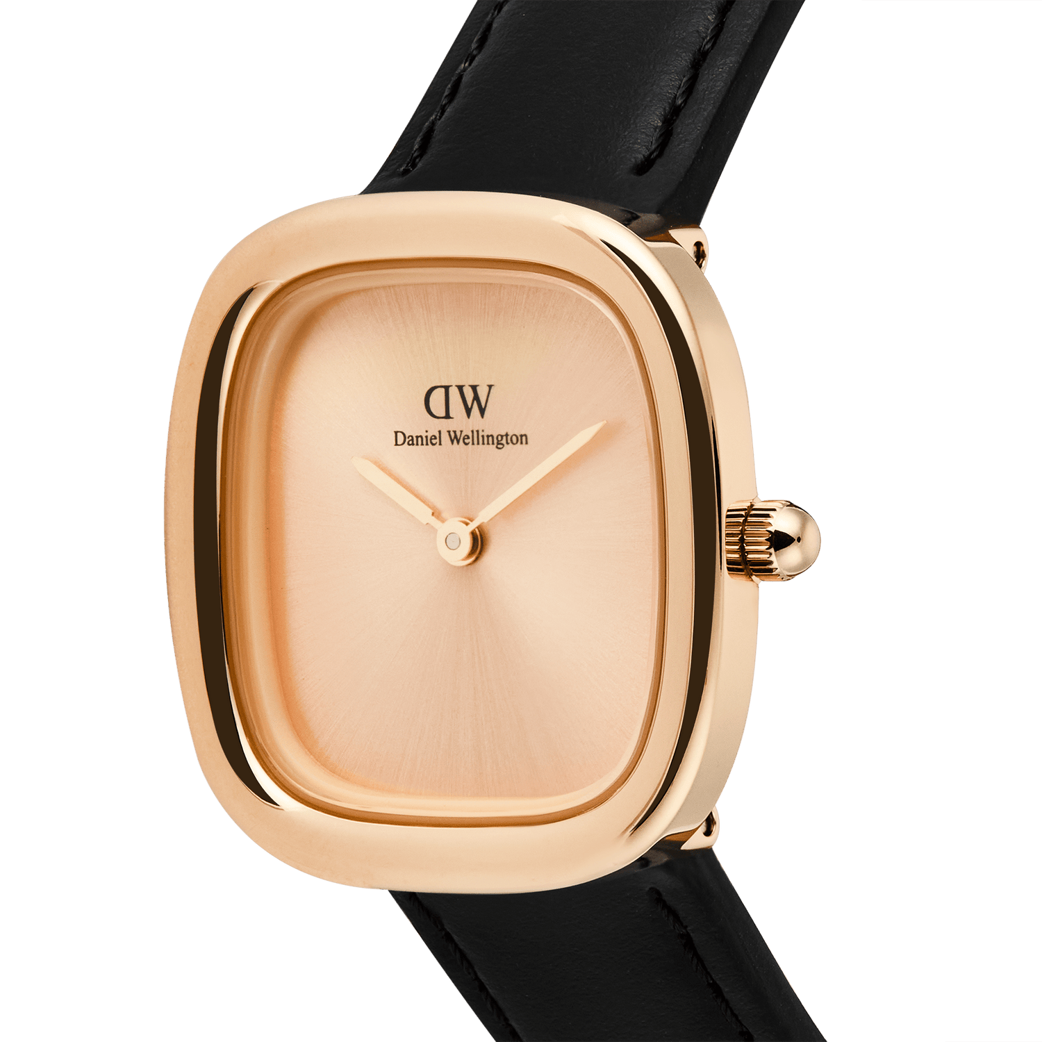 Daniel Wellington Margot Sheffield watch with a rose gold cushion case, minimalist sunray unitone dial, and a black leather strap.