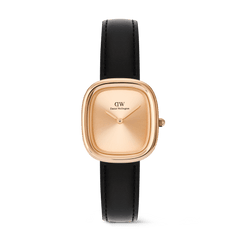 Daniel Wellington Margot women's watch with a cushion-shaped rose gold case, a minimalist sunray rose gold dial, and a classic black leather strap.