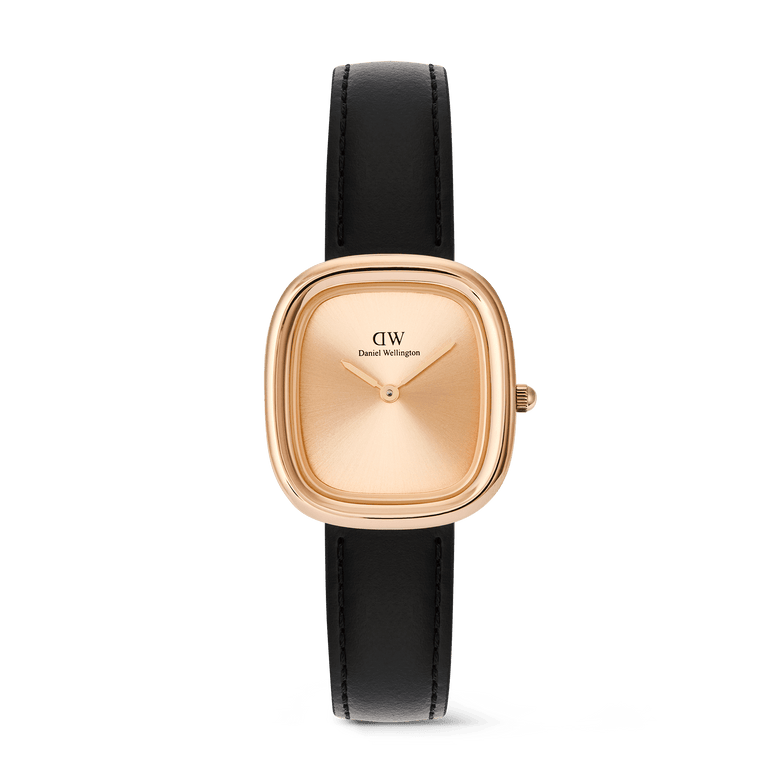 Daniel Wellington Margot women's watch with a cushion-shaped rose gold case, a minimalist sunray rose gold dial, and a classic black leather strap.