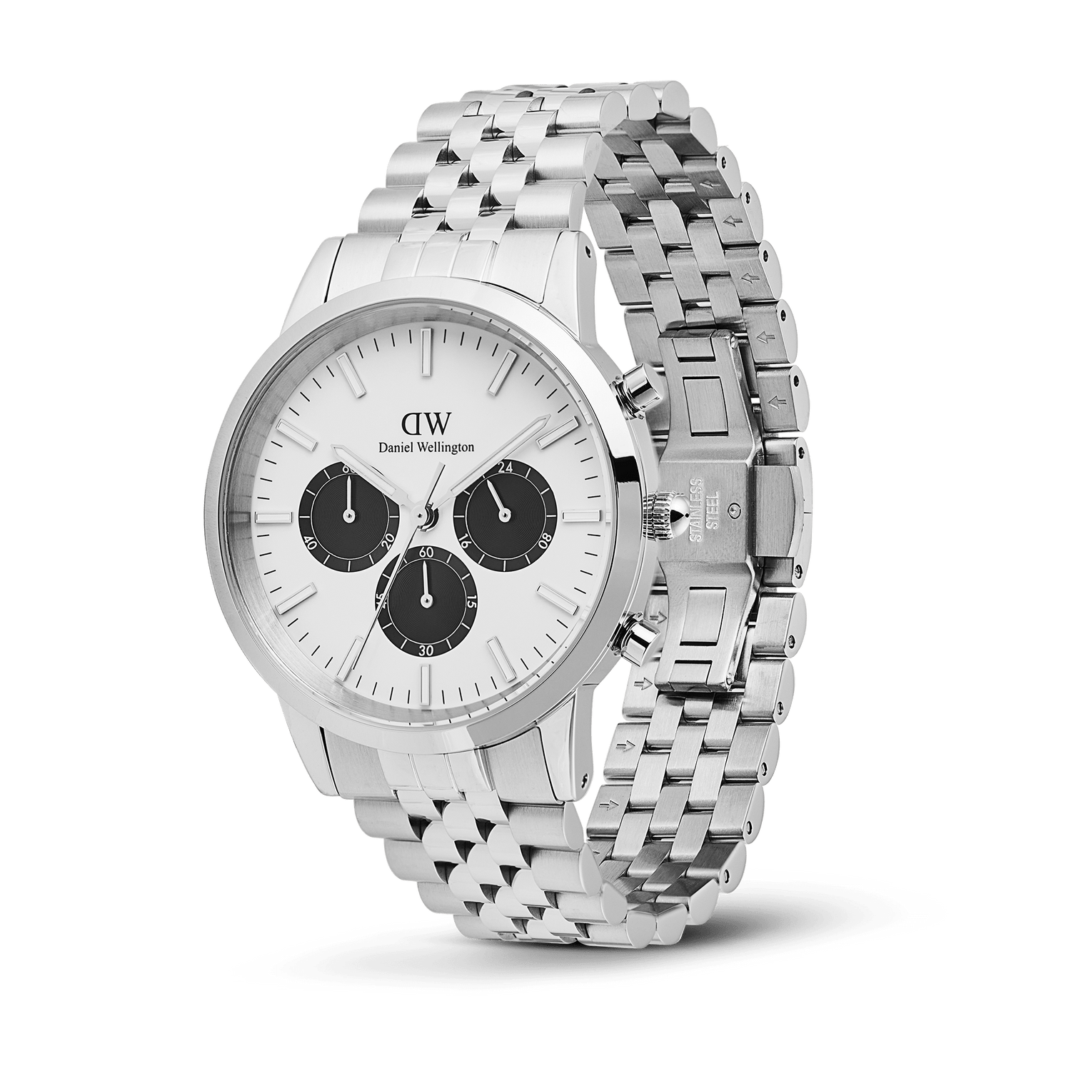 Daniel Wellington Iconic Chronograph watch with an off-white panda dial featuring three black sub-dials and a silver 5-link bracelet.
