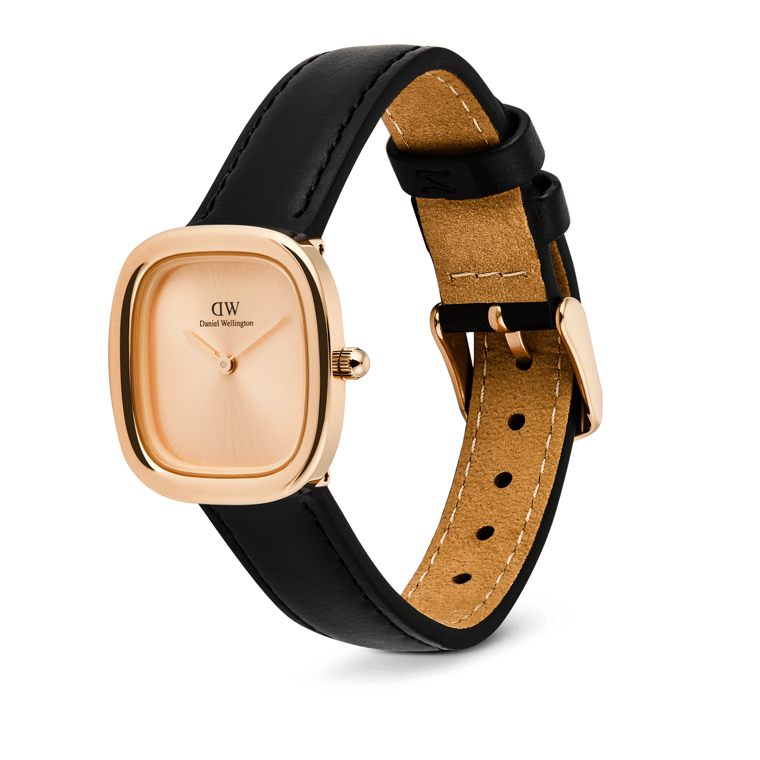 Daniel Wellington Margot women's watch with a rose gold rounded square case, matching sunray dial, and a black Sheffield leather strap.